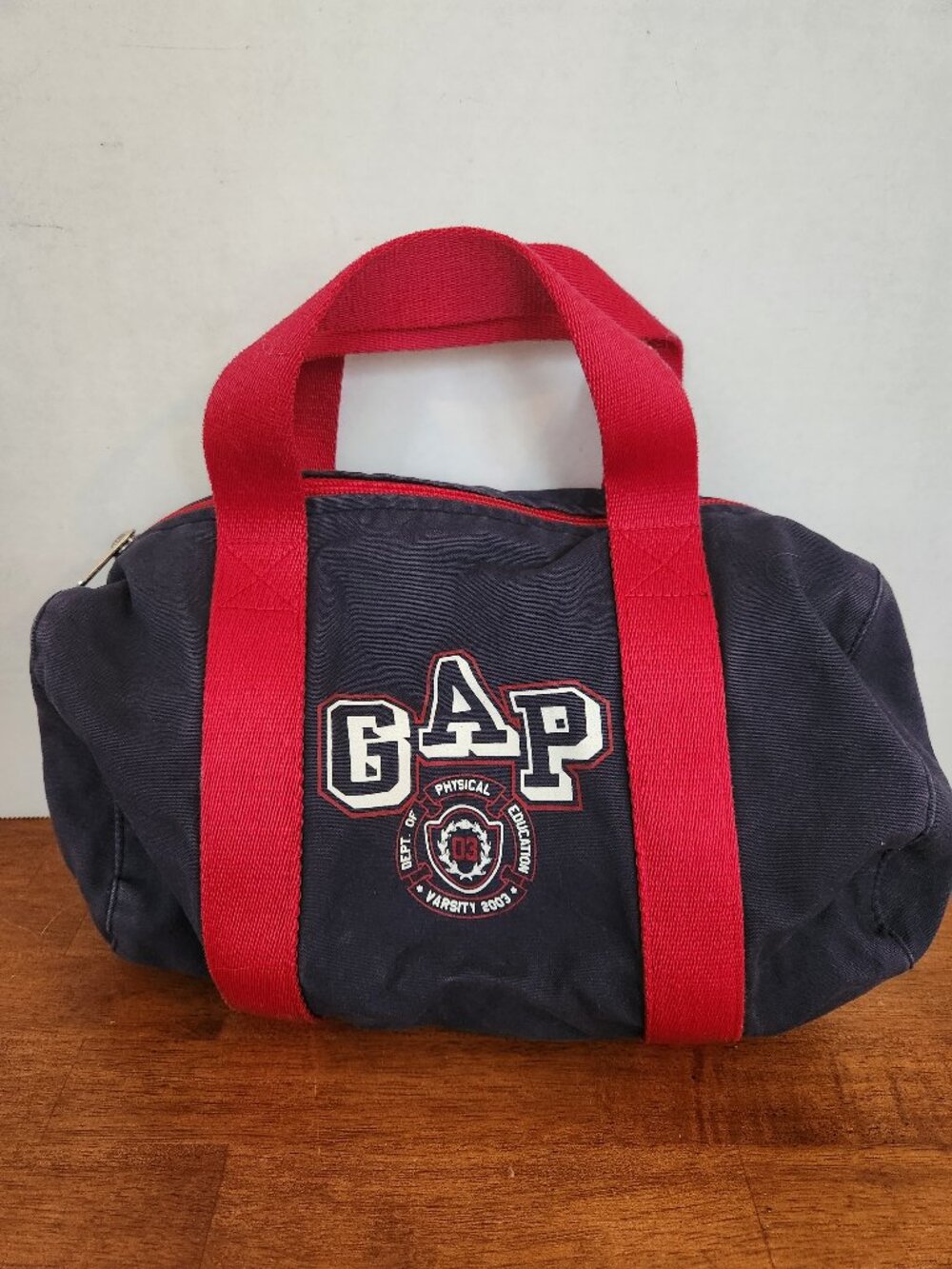 Vintage 2003 GAP Baby Gap Duffle Bag Navy Blue Canvas Red Strap Physical Ed RARE